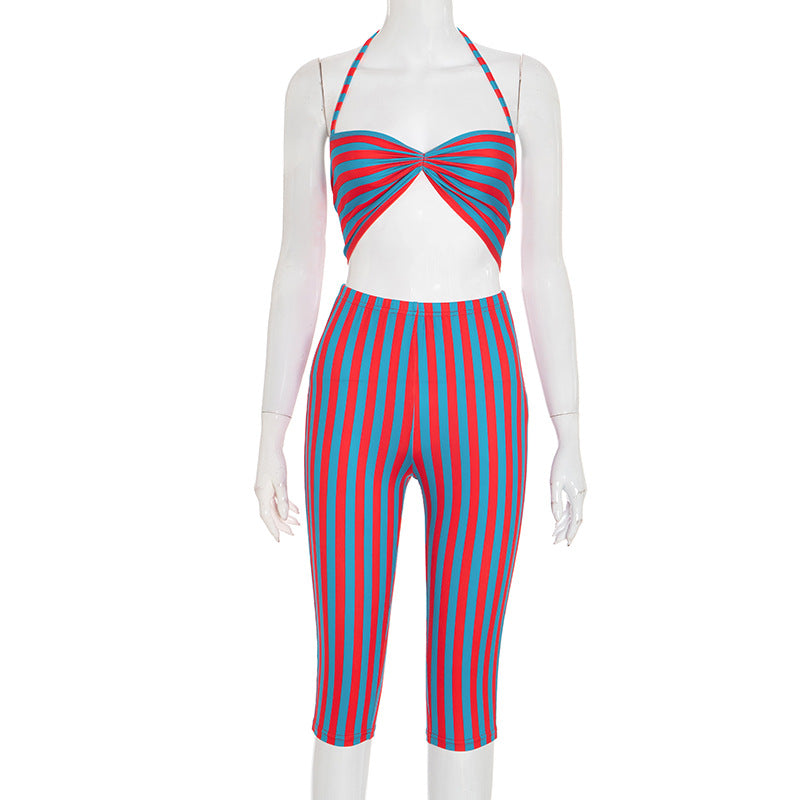 Women Contrast Striped Halter Neck Top and Capri Pants Two-Piece 20
