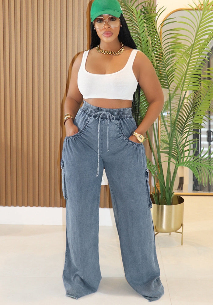 Casual Drawstring Denim Pants Women's  Wide-Leg Cargo Trousers