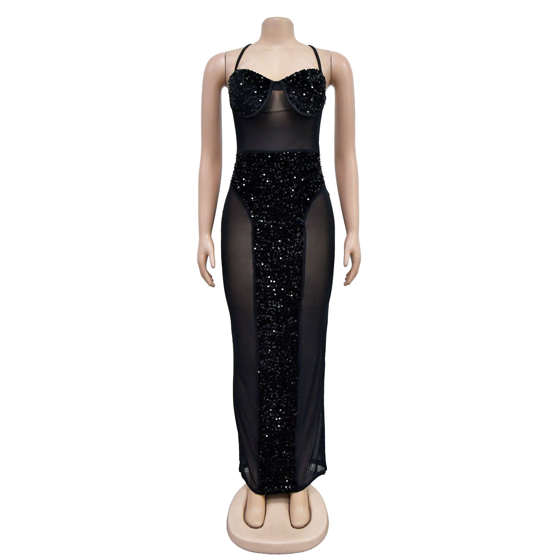 Fashion Women's Solid Color Sexy Strapless See-Through Sequin Dress 11