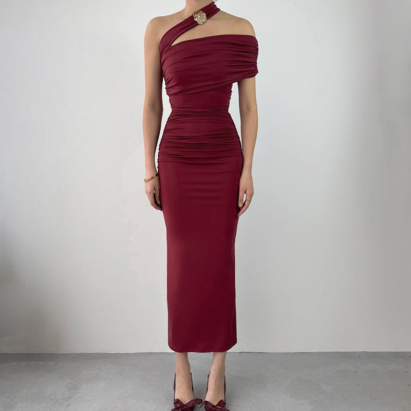 Women Summer Slash Shoulder Halter Neck Dress