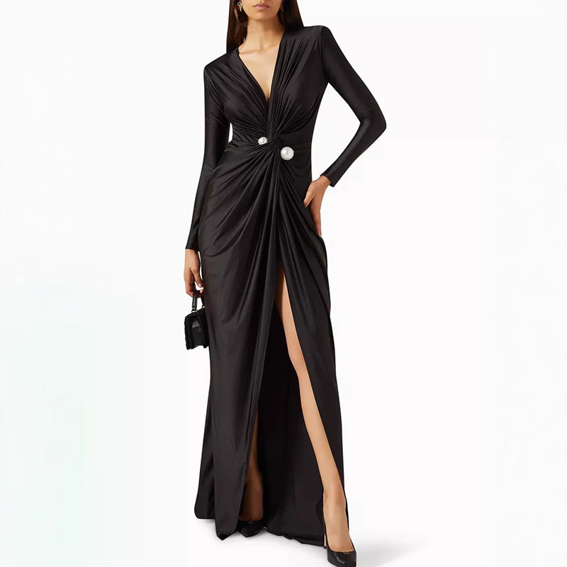 Women pleated solid lace long sleeve v neck maxi dress