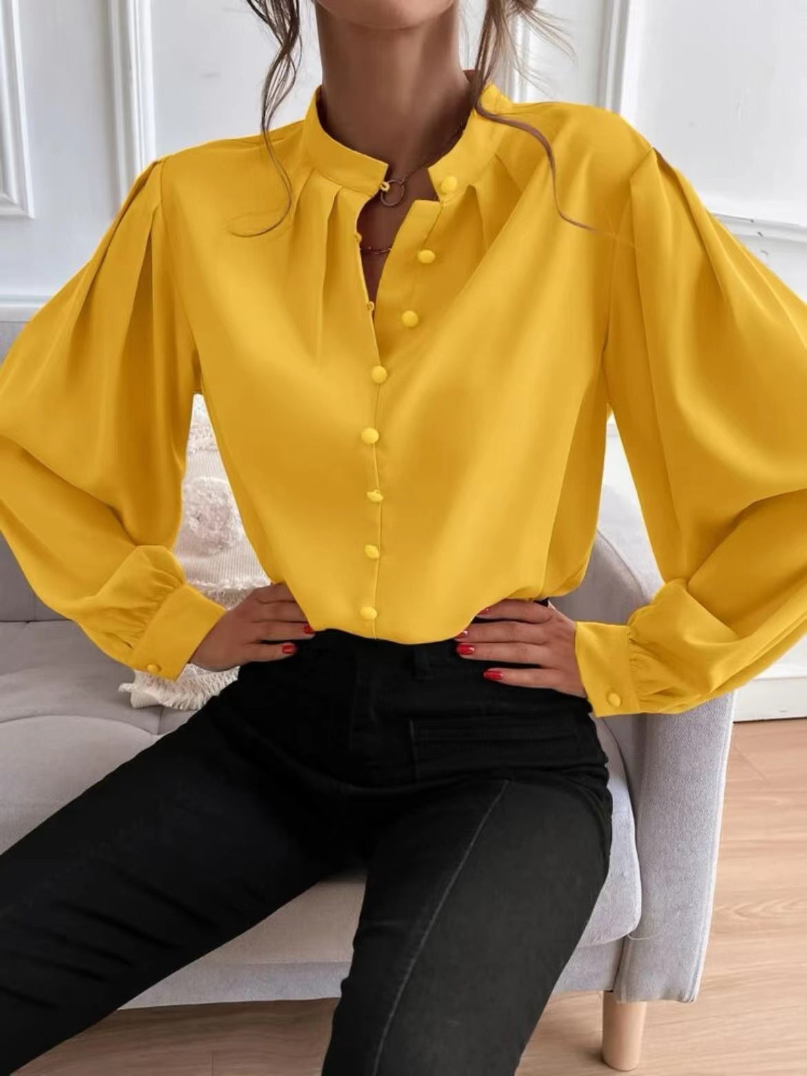 Women's Shirt Spring Elegant Solid Color Long Sleeve Button Loose Women's Top 13
