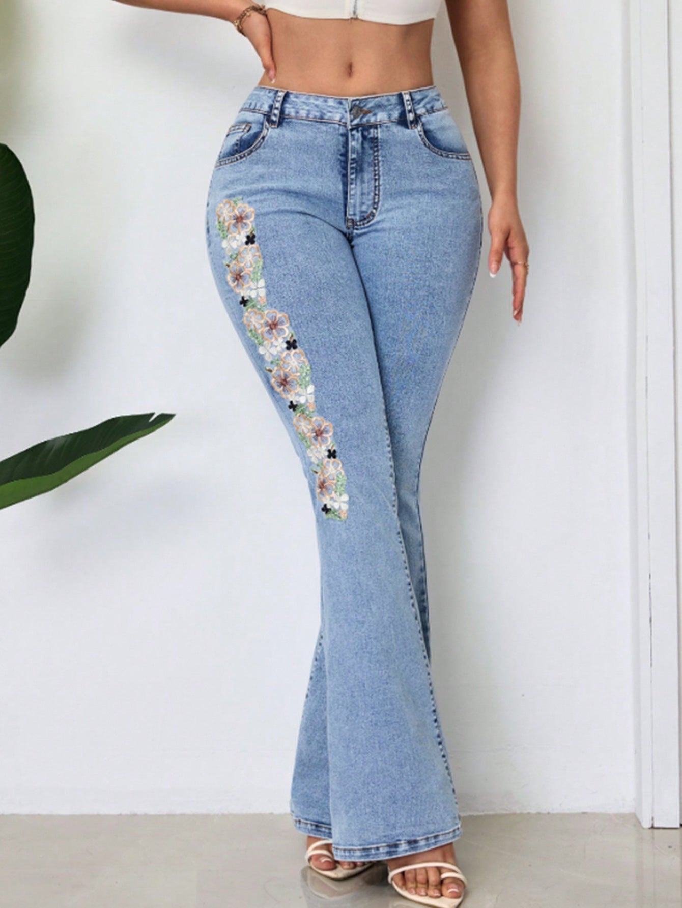 Embroidered Retro High-Waist Bell Bottom Denim Pants 7