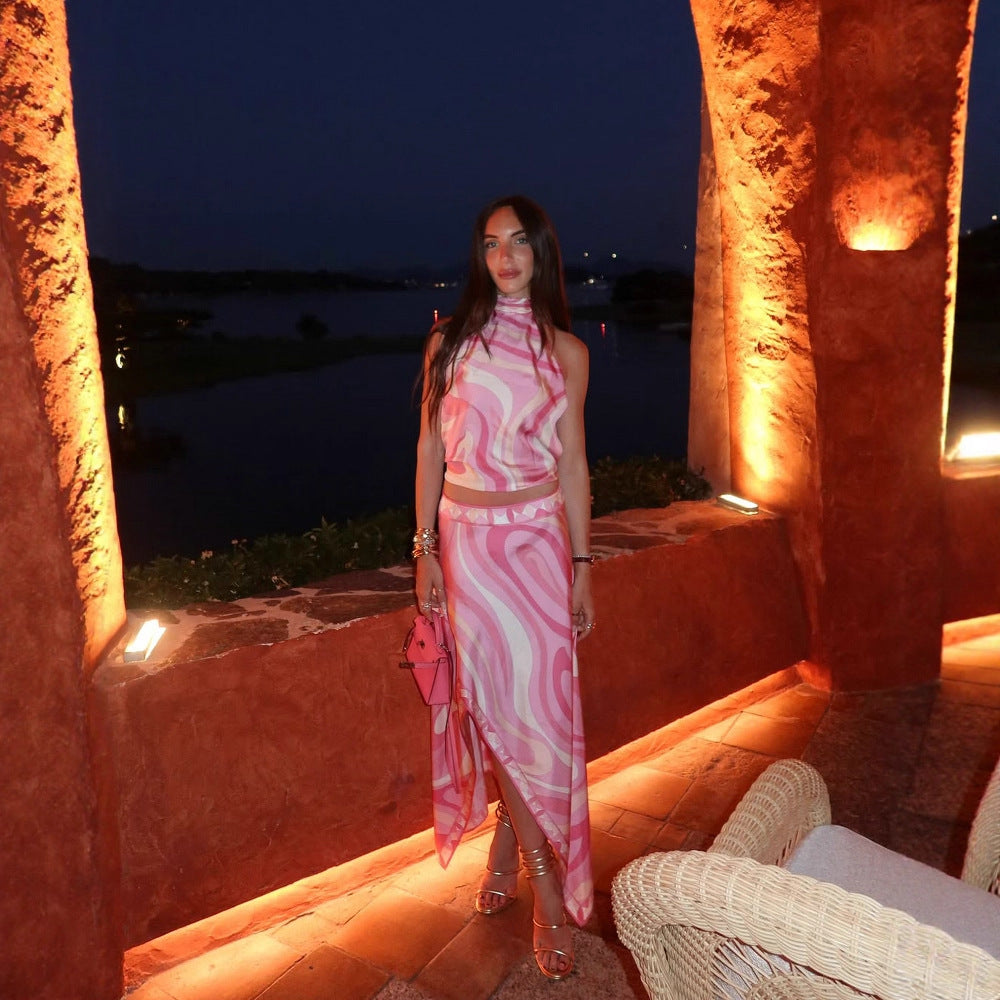 Summer Satin Low Back Top & Asymmetrical Skirt Set 10