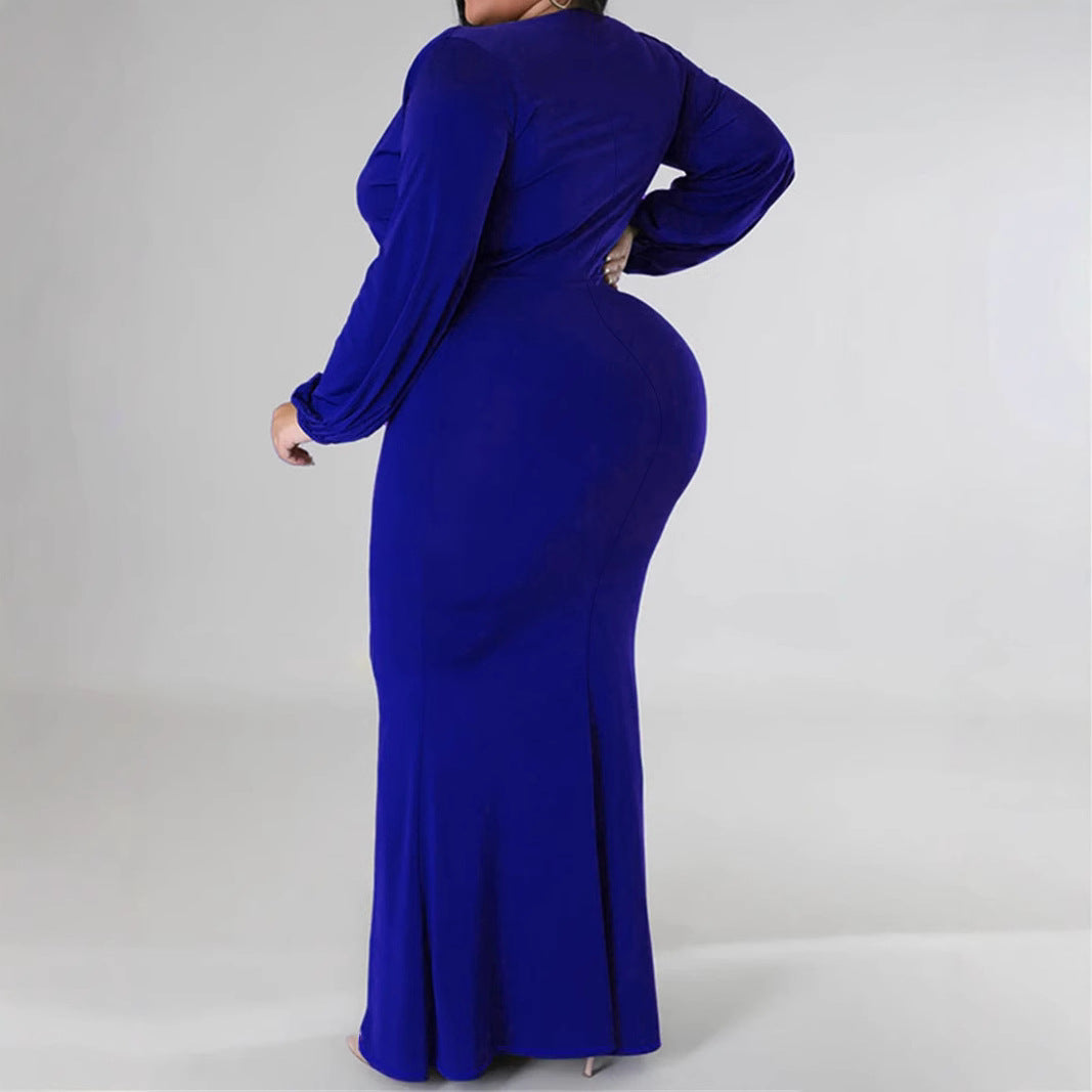 Women's Fashion Plus Size Elegant V Neck Solid Color Long Dress 4