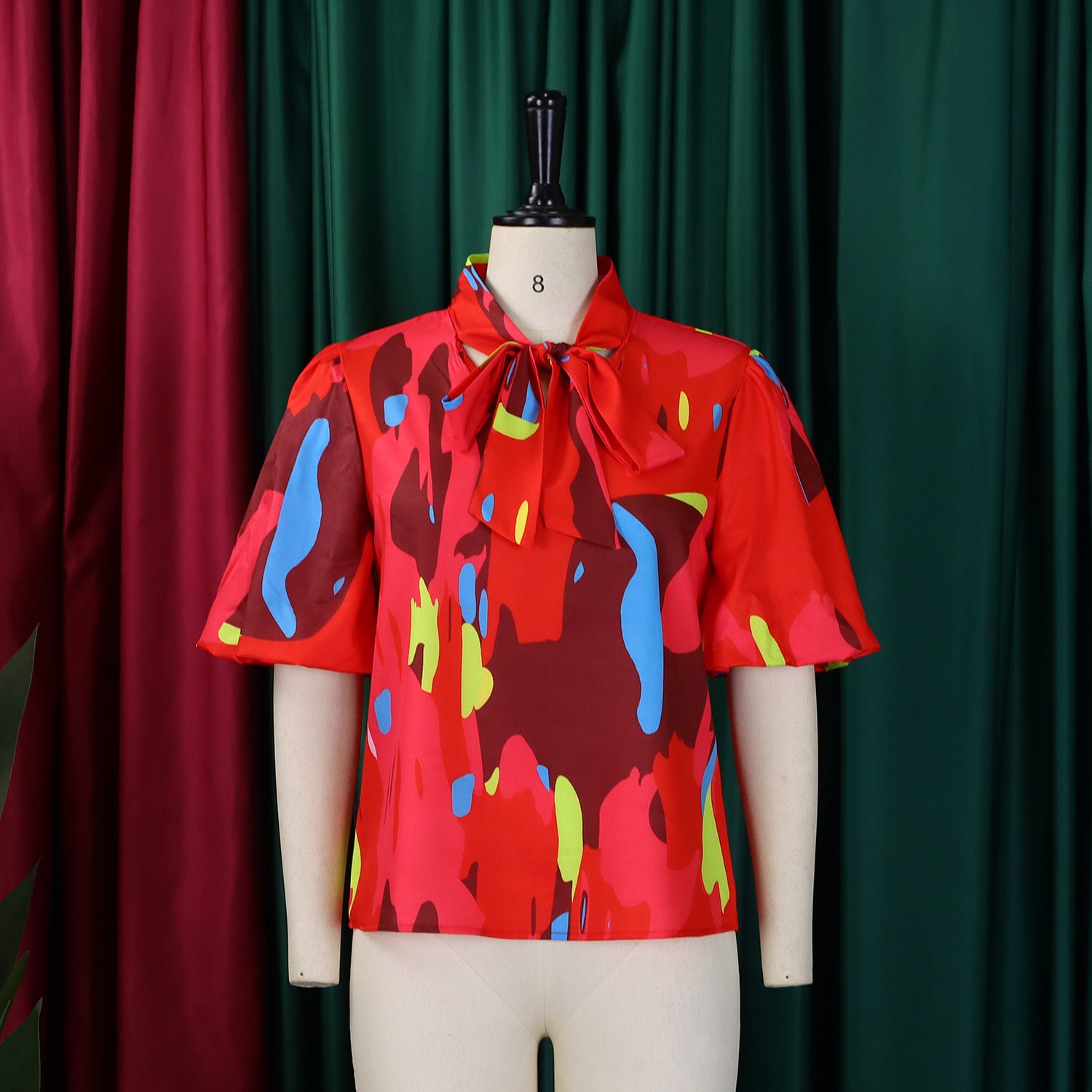 Women Printed Lace-Up Bubble Short Sleeve Shirt Top 7