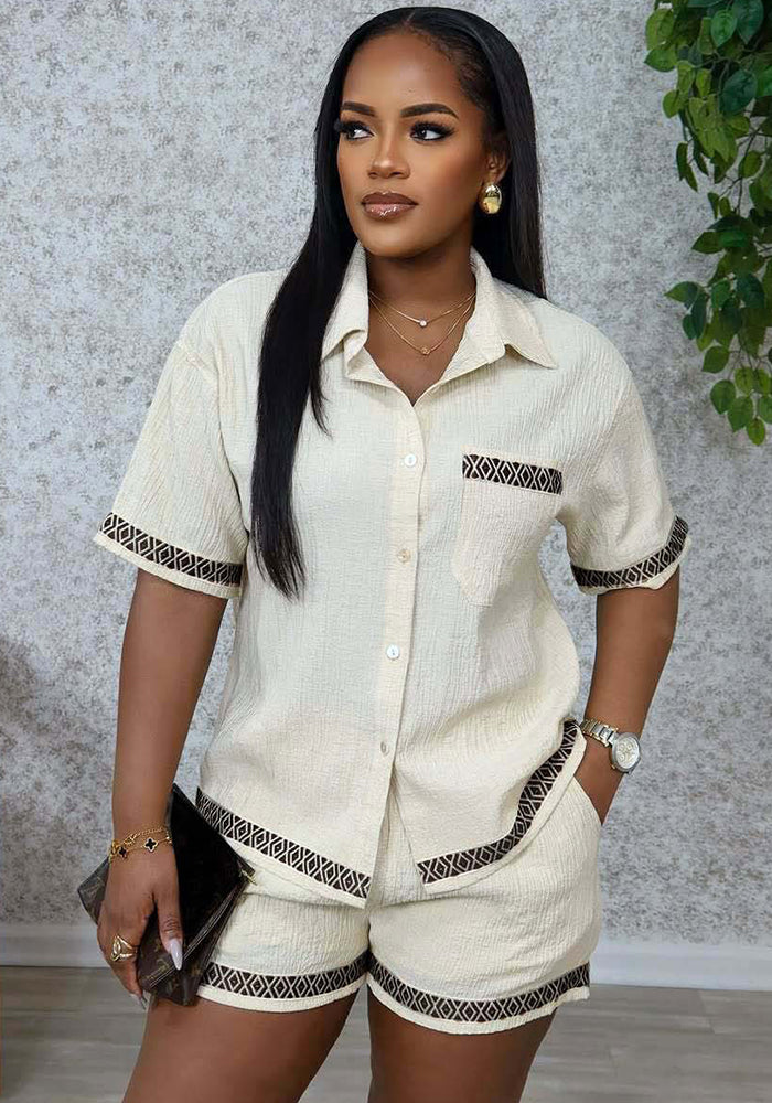 African Women's Summer Contrast Color Turndown Collar Short Sleeve Shirt & Shorts Casual Two-Piece Set