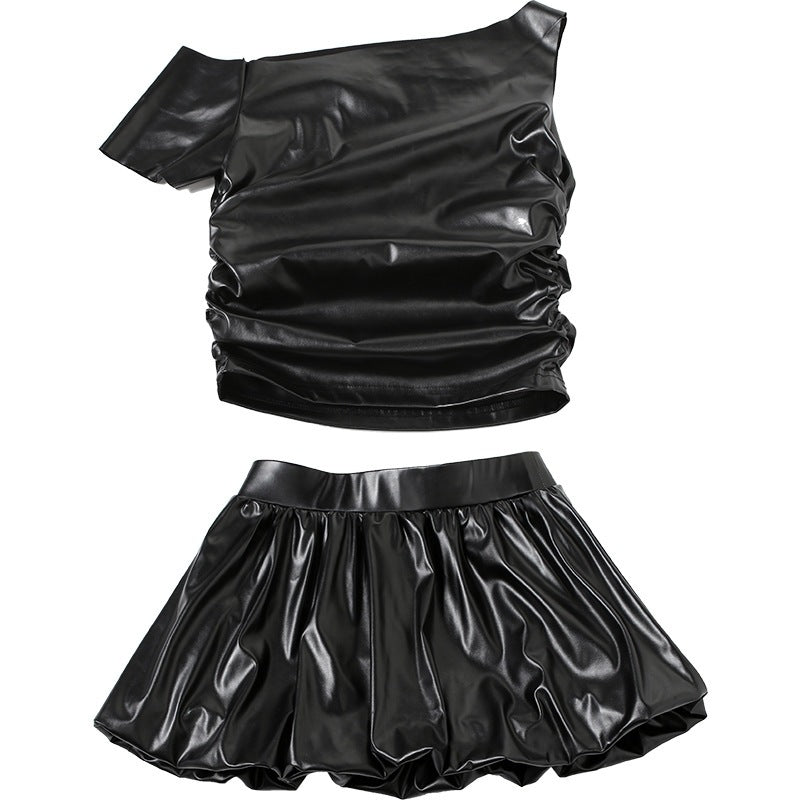 Women Pu-Leather Top and Skirt Two-piece Set