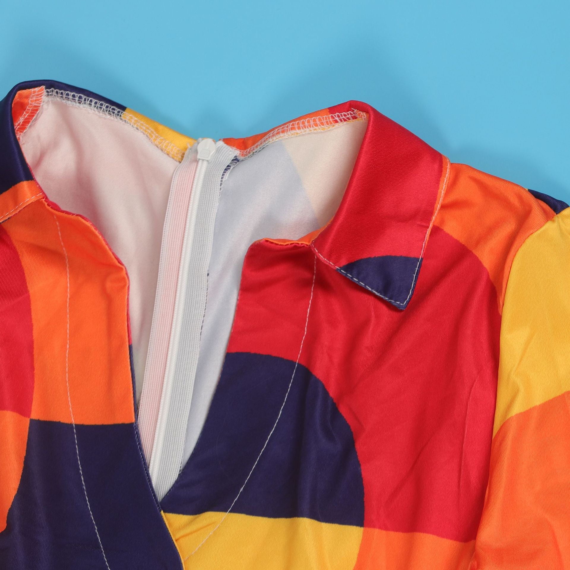 Sexy Slim Deep V Printed Wide Leg Turndown Collar Slim Waist Long Sleeve Jumpsuit 26