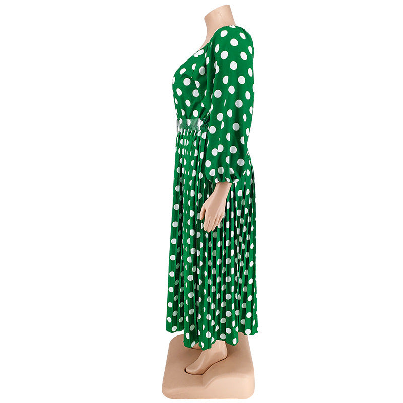 Plus Size Women'S Polka Dot Print Long Sleeve Pleated Dress With Belt 15