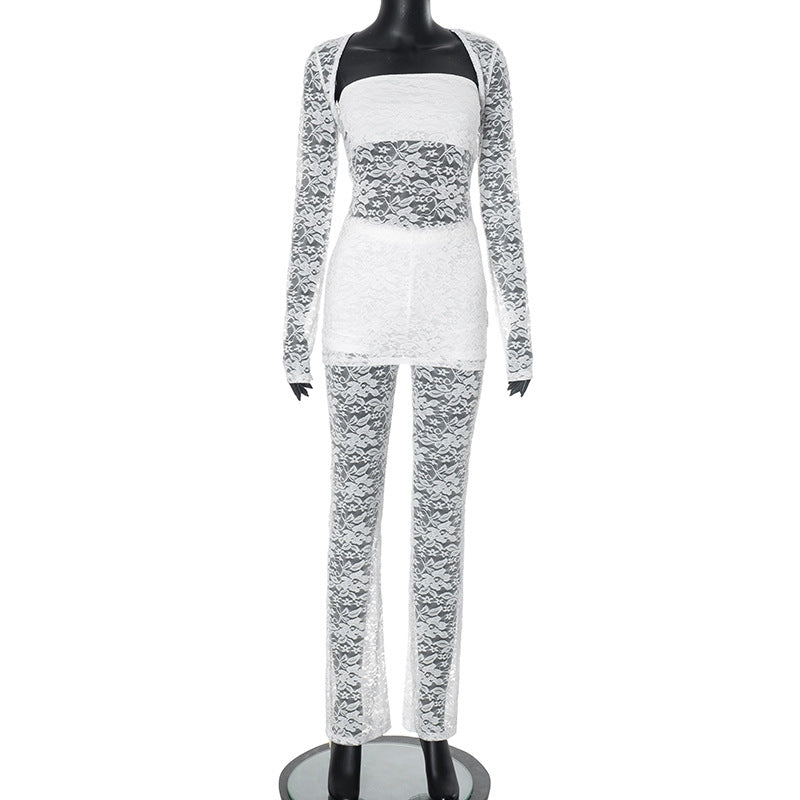 Women Lace Strapless Shawl Top and Pants 2-piece set 8