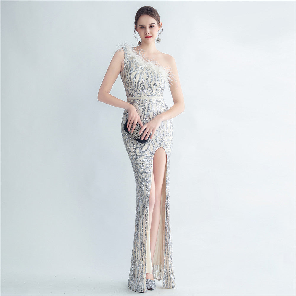 Women Premium Ostrich Feather Satin Sequin Slit Evening Gown 11