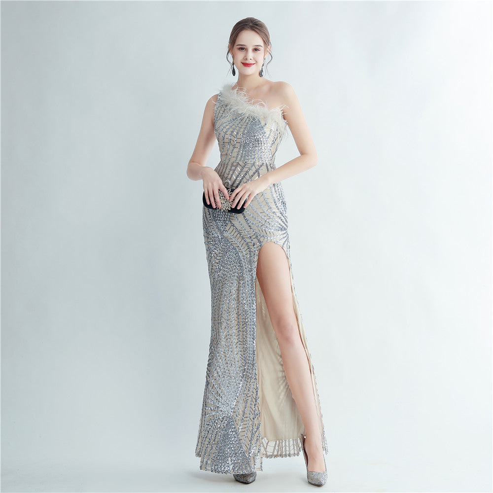 Women Ostrich Feather Sequined Slash Shoulder Evening Dress 8