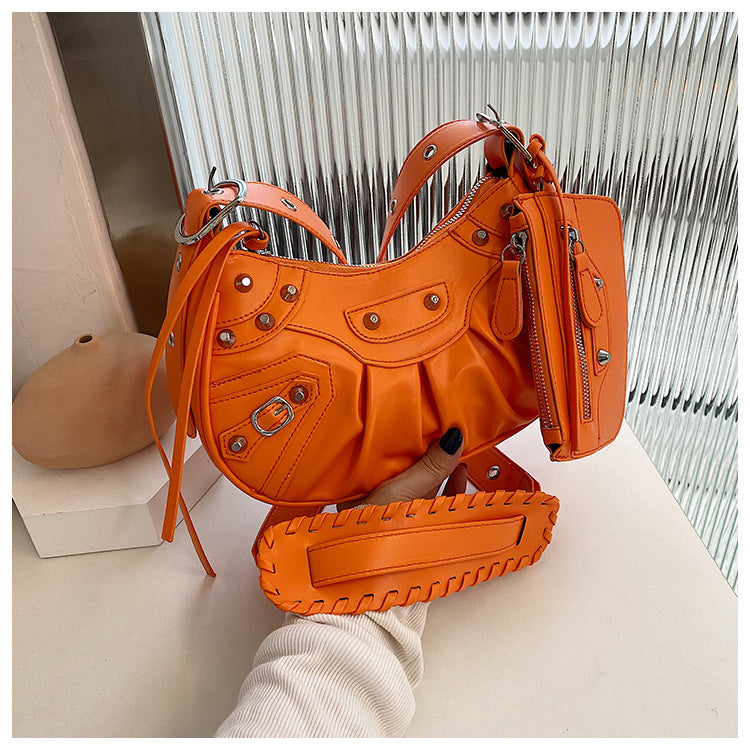 Diagonal pleated single shoulder women's retro rivet bag 54