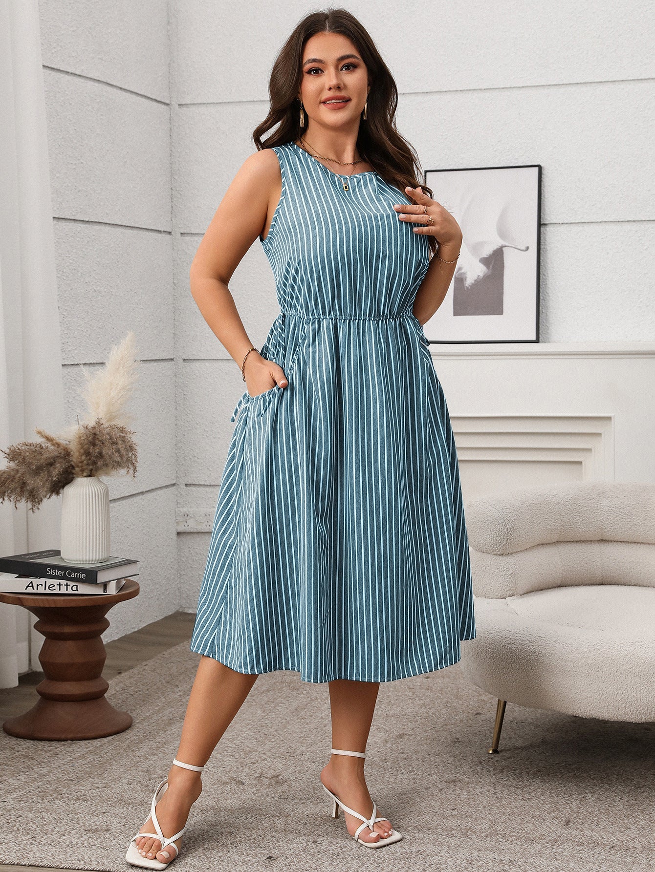 Spring/Summer Women's Plus Size Casual Contrast Stripe Sleeveless Pocket Dress 13
