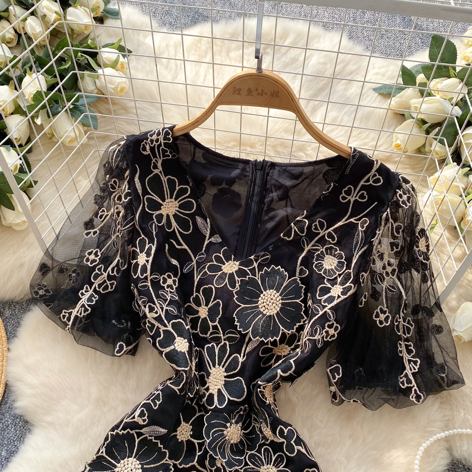 Women's  Luxury Embroidery Mesh Puff Sleeve Slim Waist Short Chic Dress 11