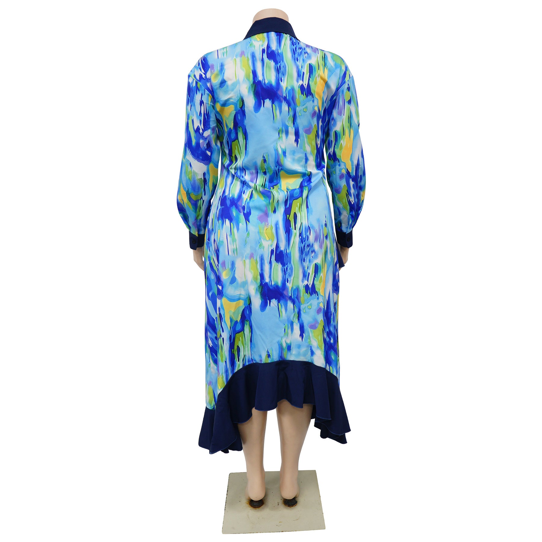 Autumn Print Ruffled Patchwork Irregular Loose Casual Plus Size Shirt Dress 7