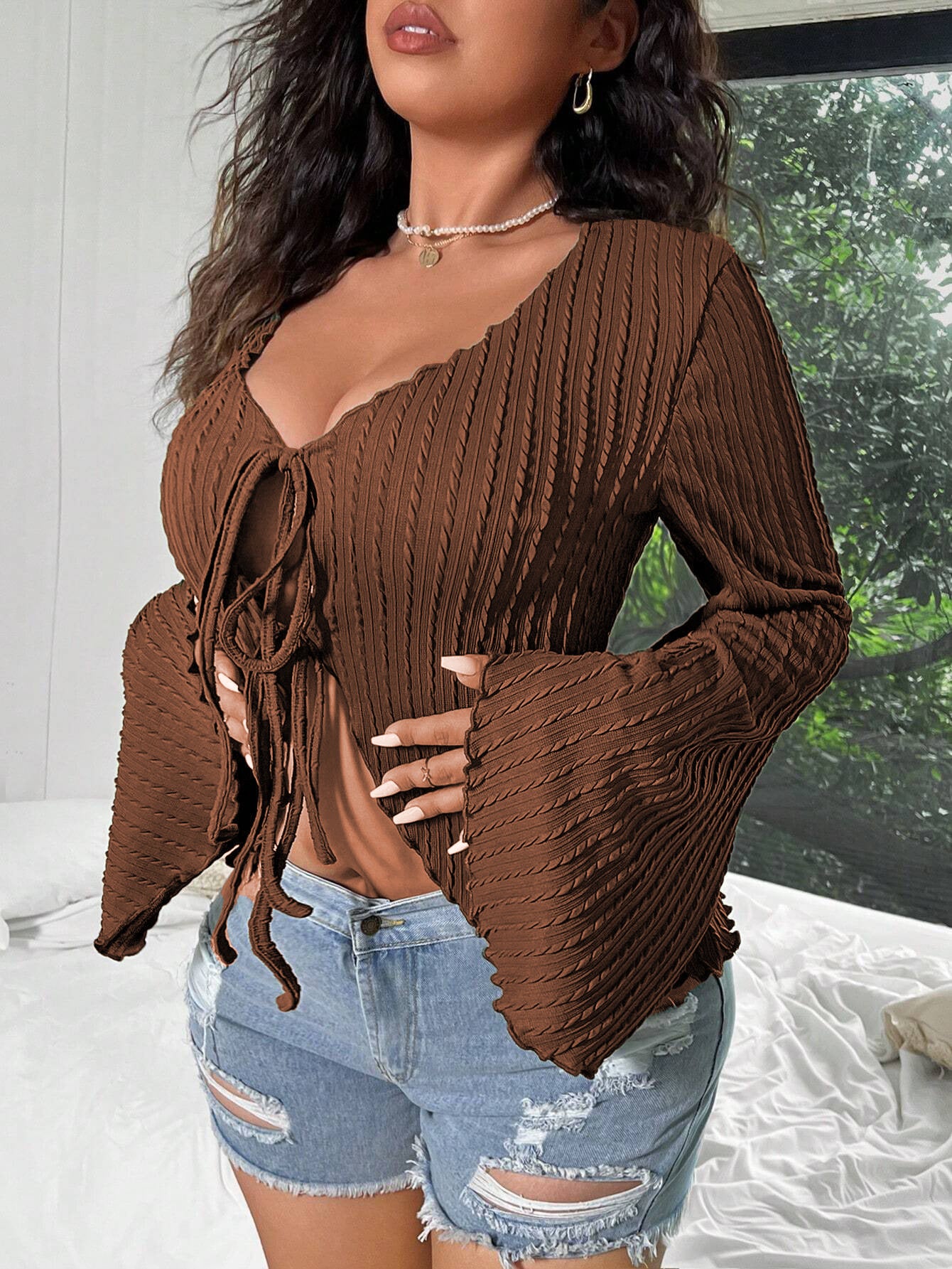 Autumn And Winter Plus Size Women's Sexy V-Neck Bell Bottom Sleeve Slim Lace-Up V-Neck Top 4