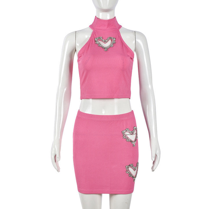 Women's Heart Rhinestone Hollow Crop Vest Short Skirt Casual Fashion Two Piece Set 8