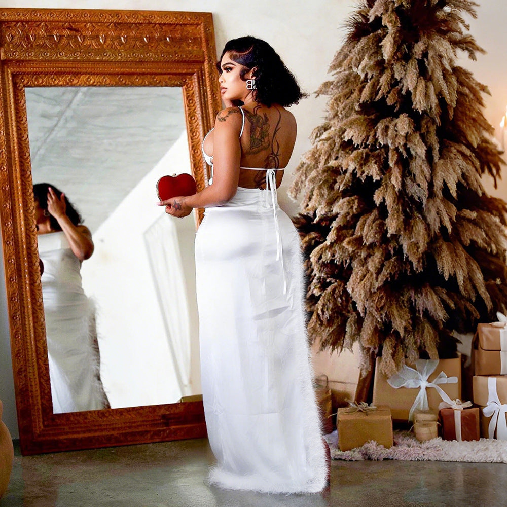 Women summer sexy backless feather lace dress 3