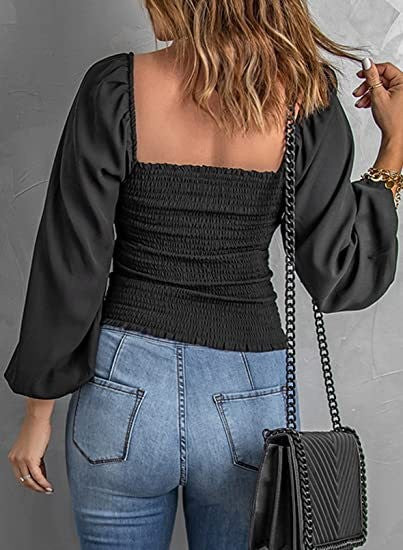 Women Solid Square Neck Long Sleeve Lantern Sleeve Pleated Top 7