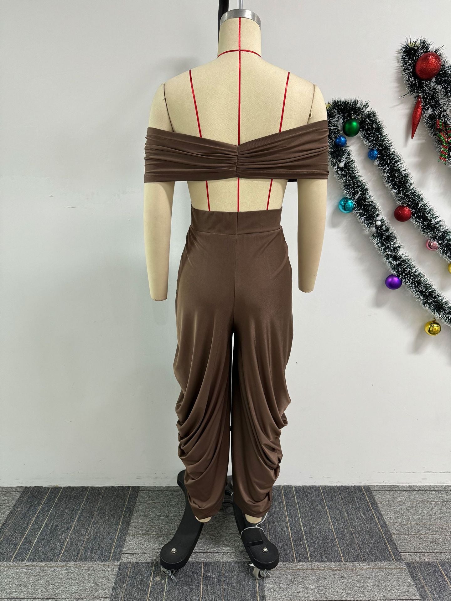 Sexy Off Shoulder Deep V Pleated Top Trousers Two Piece Set 14