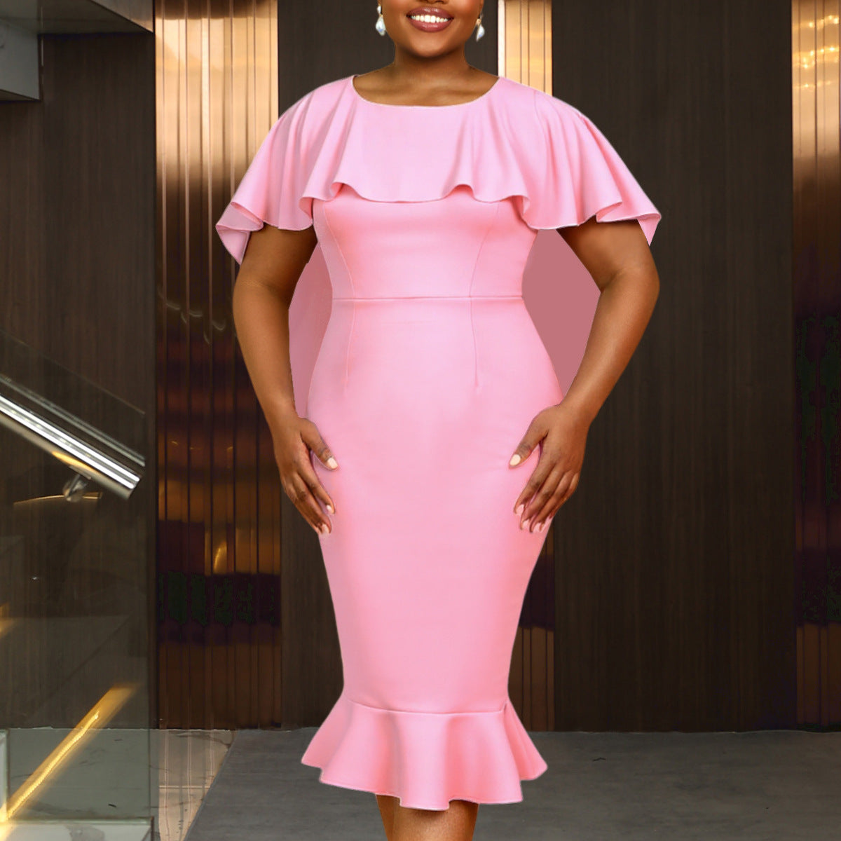 Plus-Size Women Style Cape Round Neck Ruffle Bodycon Formal Party Fishtail Dress 5