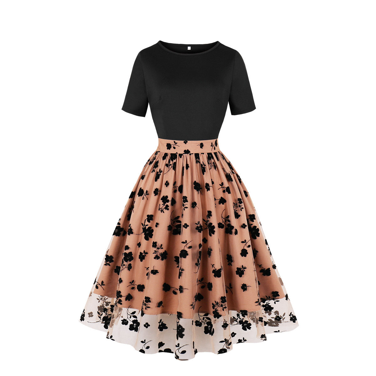 Women's Slim Waist Mesh Patchwork Short Sleeve Round Neck High Waist Chic Retro Swing Dress 7