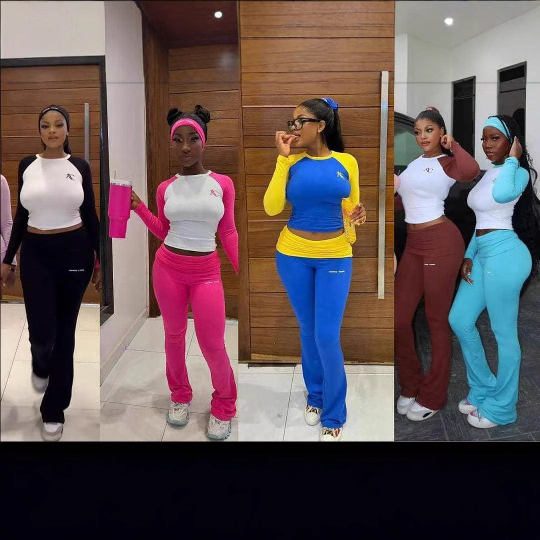 Women's Autumn Contrast Color Round Neck Slim Long Sleeve Two Piece Pants Set 14