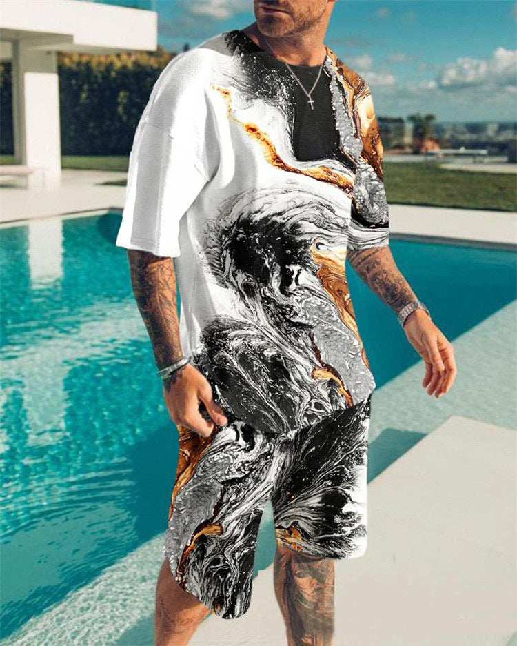 Men's Casual Colorblock Print Short Sleeve T-Shirt and Shorts Two-Piece Set 26