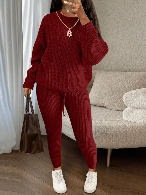 Fashion Casual Knitting Two Piece Pants Set Solid Long Sleeve Loose Sweater Trouser Suits Women's Clothing 18
