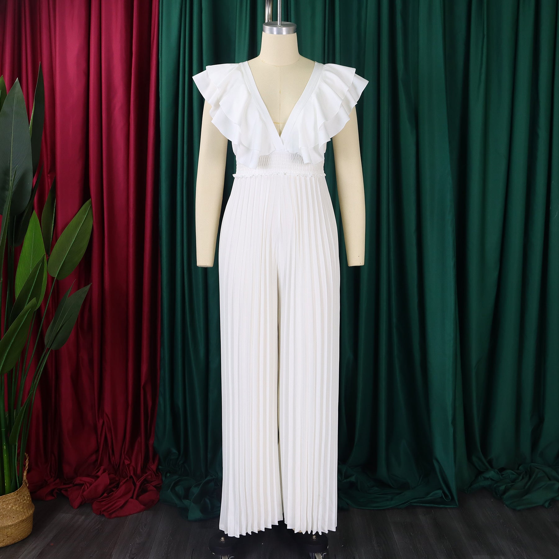 Women's Deep V Neck High Waist Sexy Ruffled Pleat Wide Leg Jumpsuit 18