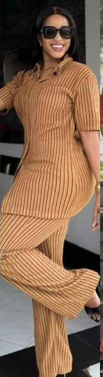 Women Vertical Striped Top and Pants 2-piece Set 3