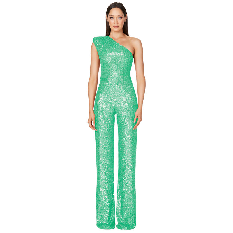 Women's Sleeveless One Shoulder Low Back Sequined Jumpsuit 14
