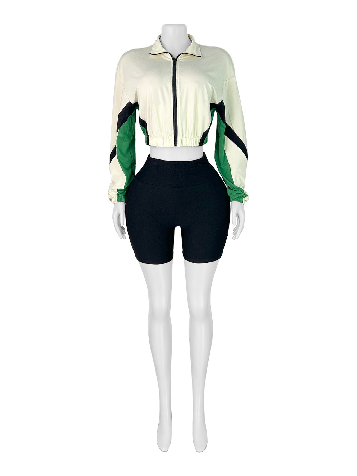 Women patchwork contrast color zipper long sleeve top and shorts sports two-piece set 6