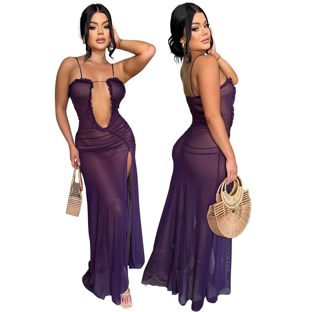 Sexy See-Through Mesh Solid Color High Slit Dress 7