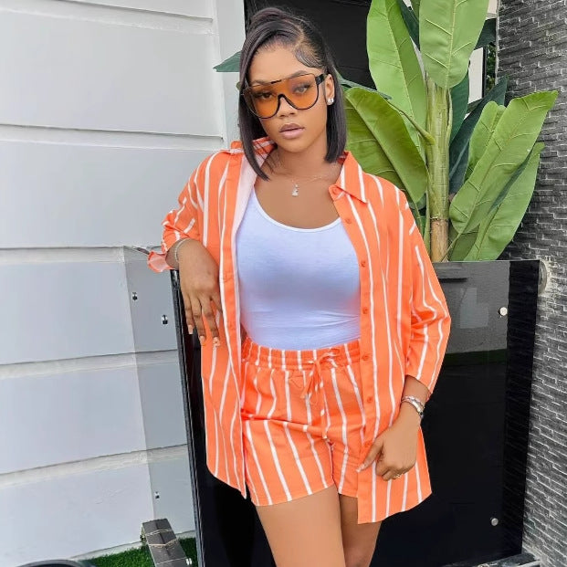 Striped long-sleeved Turndown Collar Loose Tops Straight Shorts African Women Casual Trendy Two-piece Set