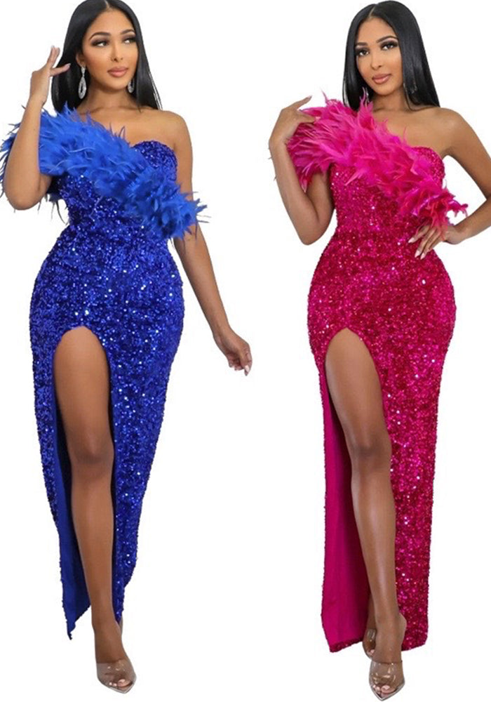 Feather Sequin Slit Slash-Shoulder Formal Party Long Dress