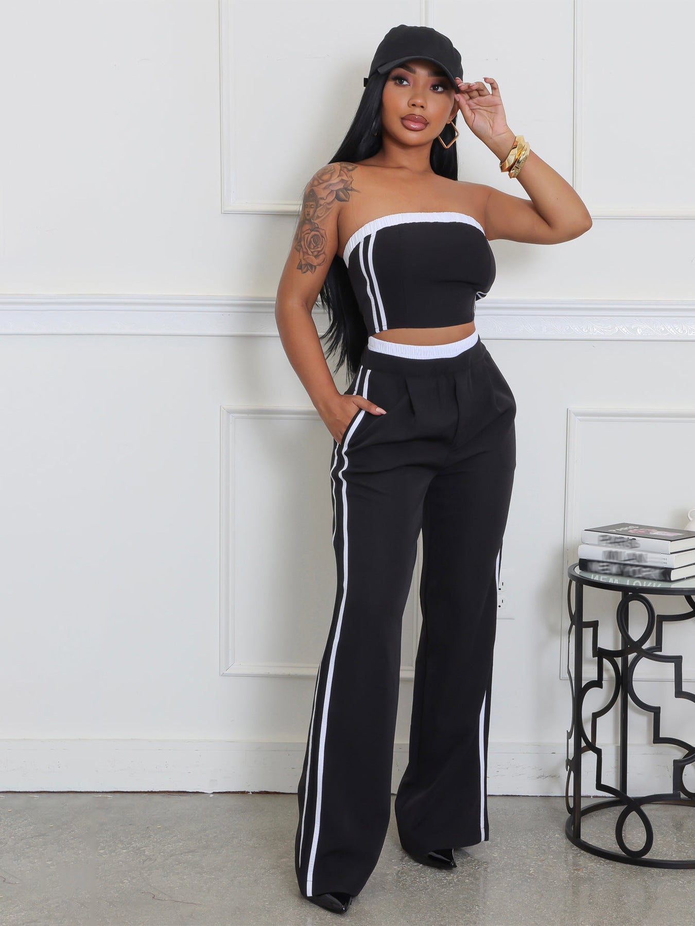Summer Fashion Strapless Top Wide Leg Loose Pants Set 11