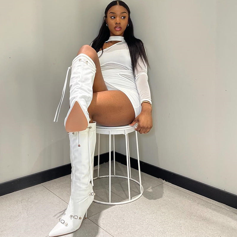 Women Solid Sexy Hollow Mesh Patchwork Bodycon Dress 5