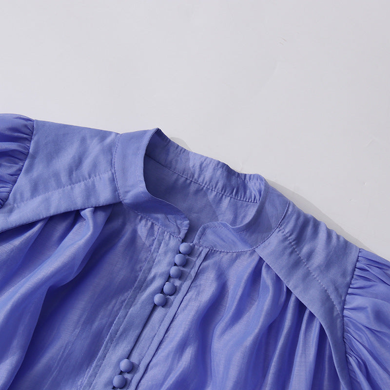 Women Solid Puff Sleeve Short Skirt Lace-Up Dress 12