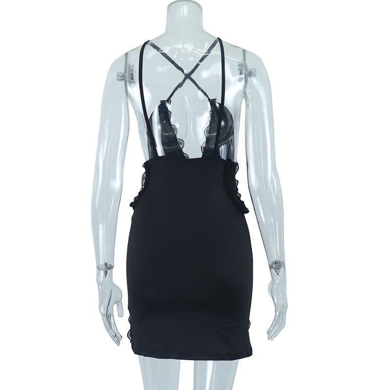 Women's suspenders hollowed out street hipster lace Patchwork slit Bodycon Dress 6