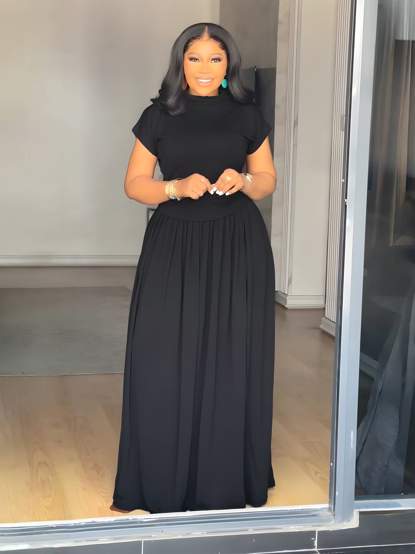 Solid Color Round Neck T-Shirt Casual Skirt Two Piece Set