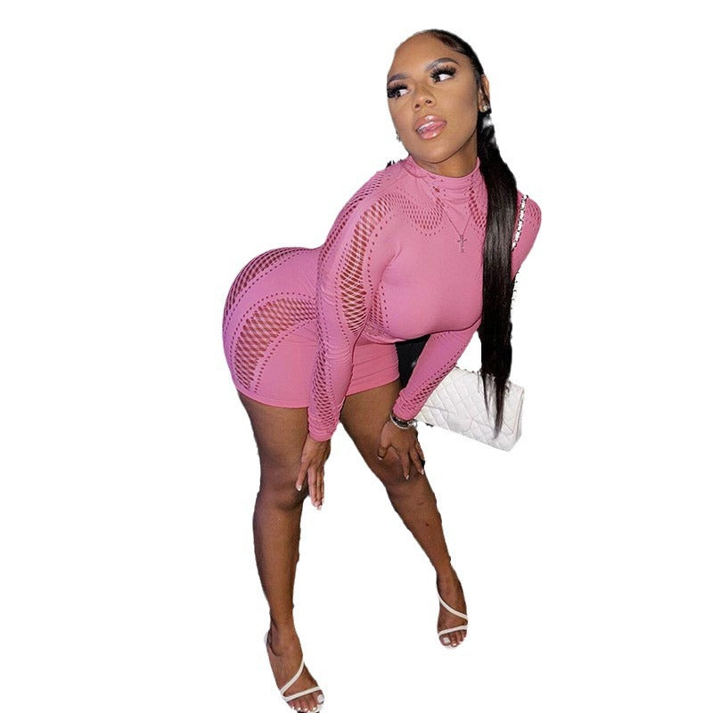 Spring Sexy Half Turtleneck Long-Sleeved Slim Hollow Knitting Mini Dress 7