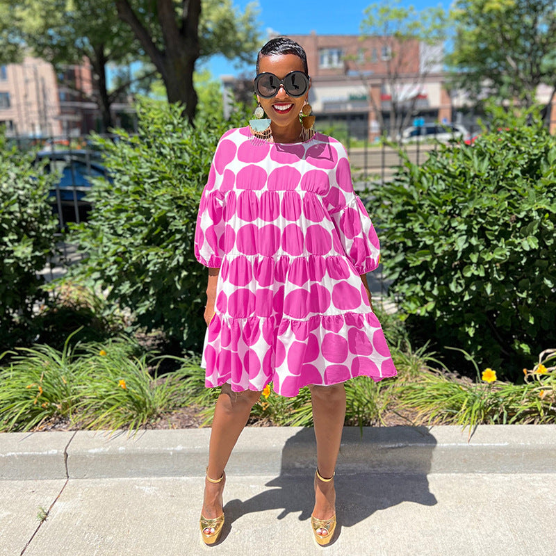 Summer Women Large Polka Dot Loose Round Neck Half-Sleeve Pleated Dress 6