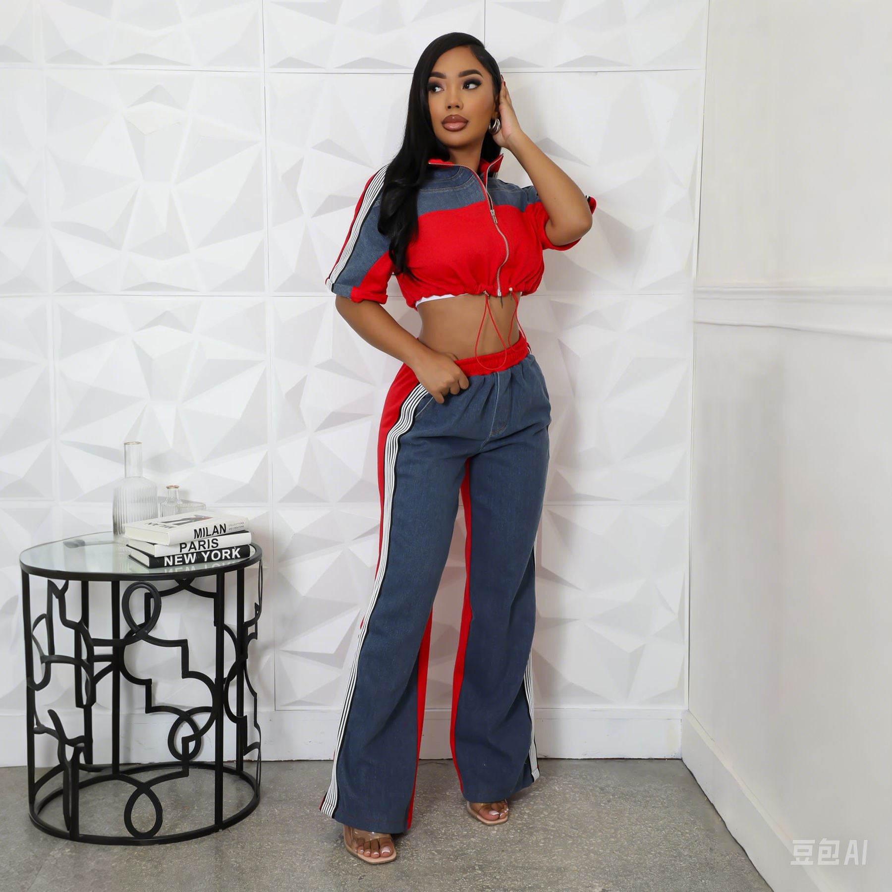 Women Color Blocking Contrast Sports Casual Top + Wide Leg Pants Two-piece Set 5