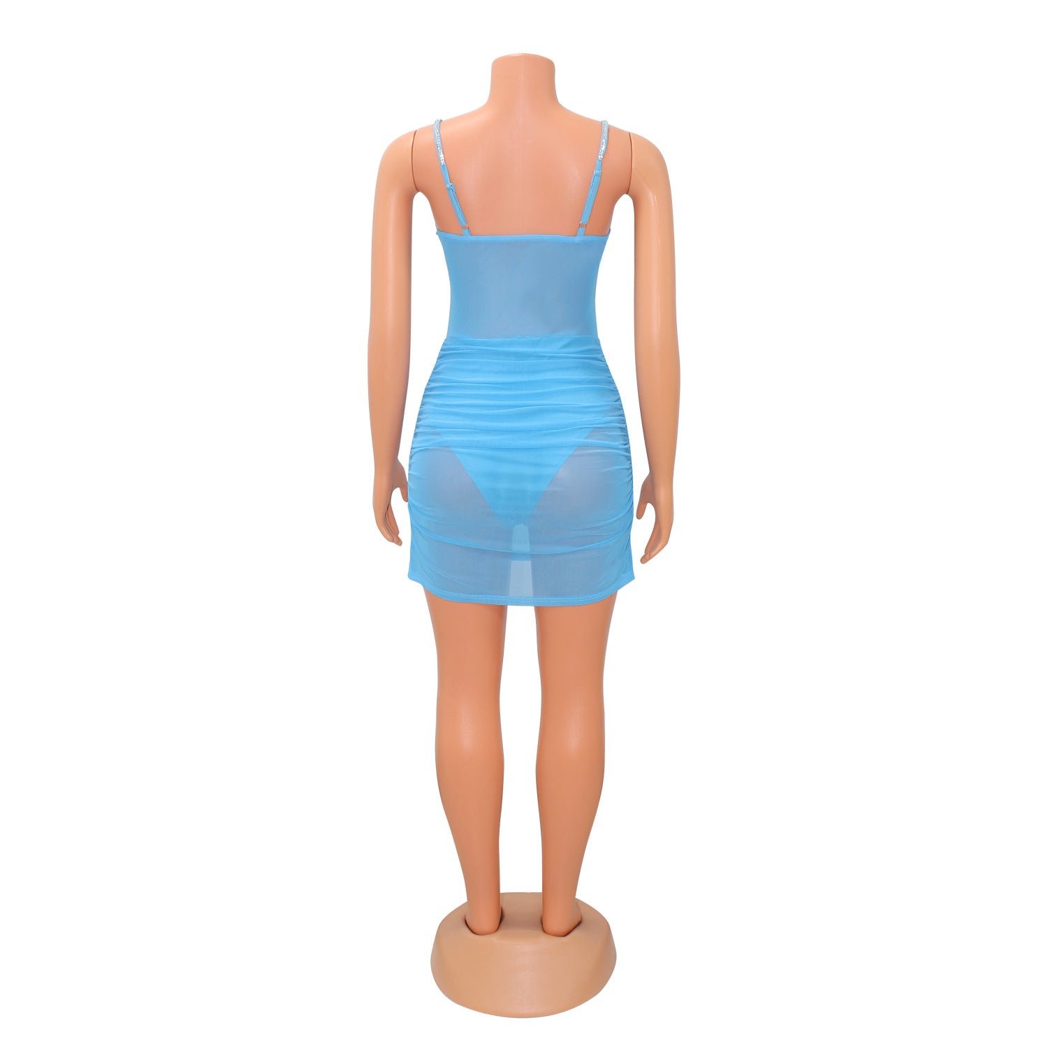 Summer Women's Sexy Tight Fitting Mesh See-Through Diamond Strap Dress 12