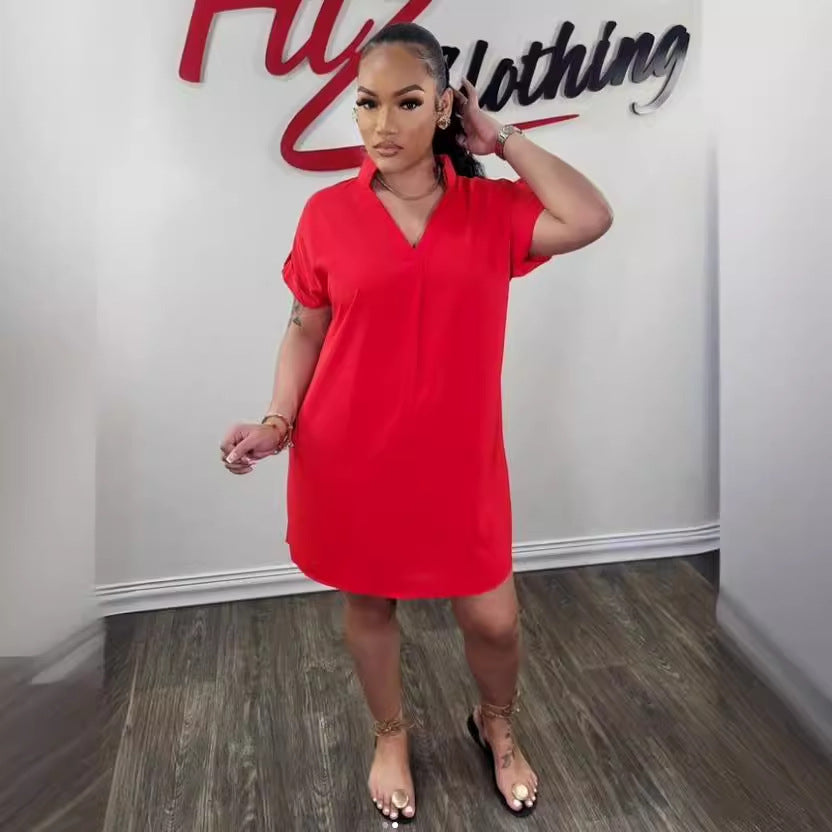 Women Sexy Solid V Neck Short Sleeve Turndown Collar Solid Dress 3