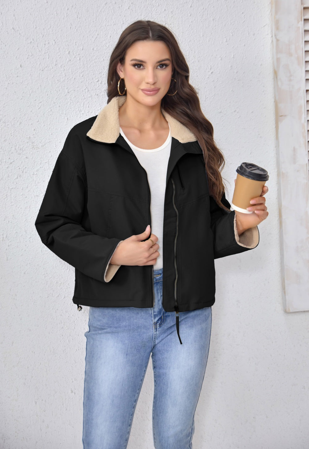 Stand Collar Fleece Women's Coat Winter Trendy Loose Jacket Short Outerwear 4