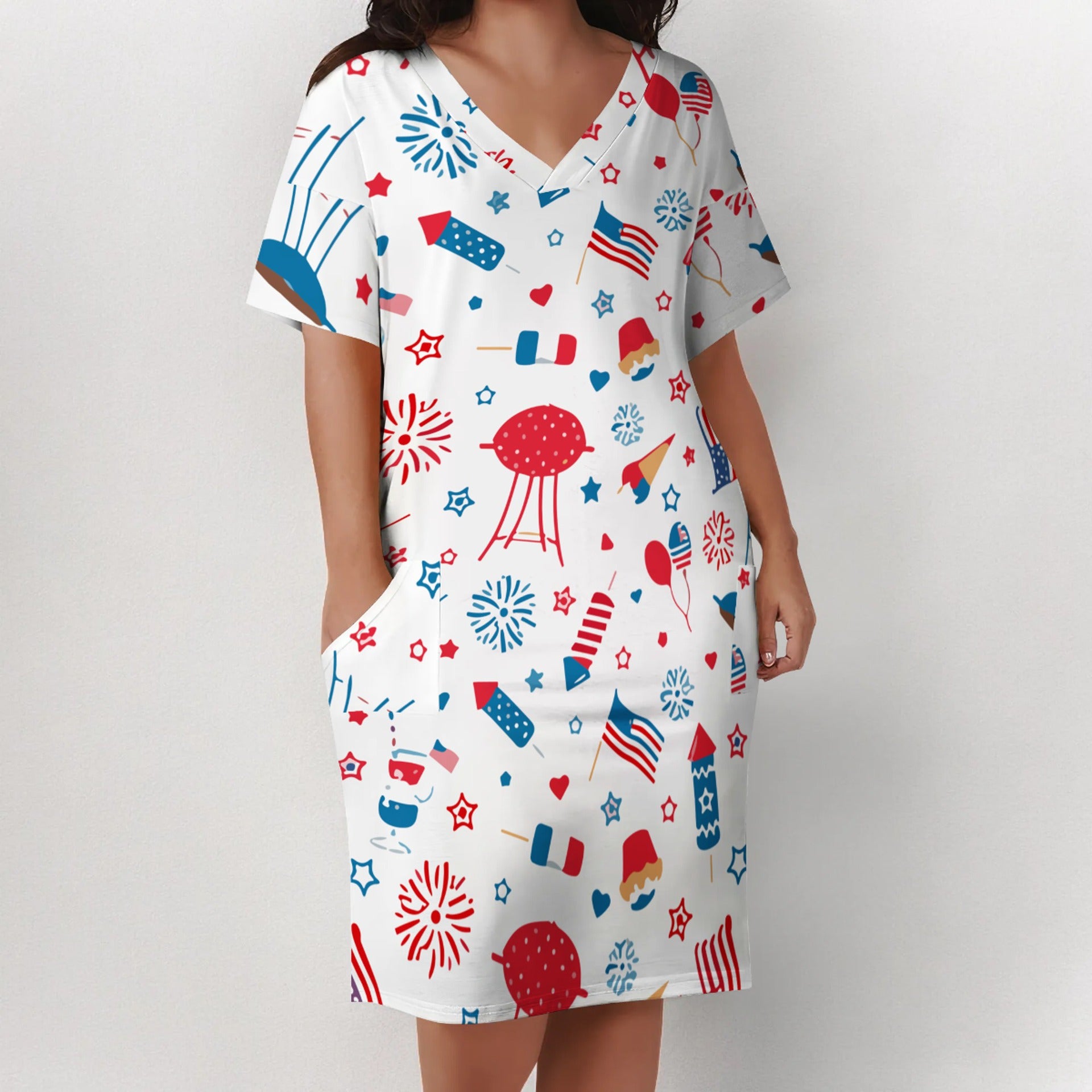 Plus Size Women American Flag V-Neck Pocket Loose Dress 13